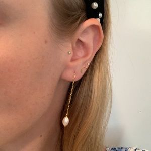 Delicate dainty gold plated sterling silver Pearl thread earrings dangling